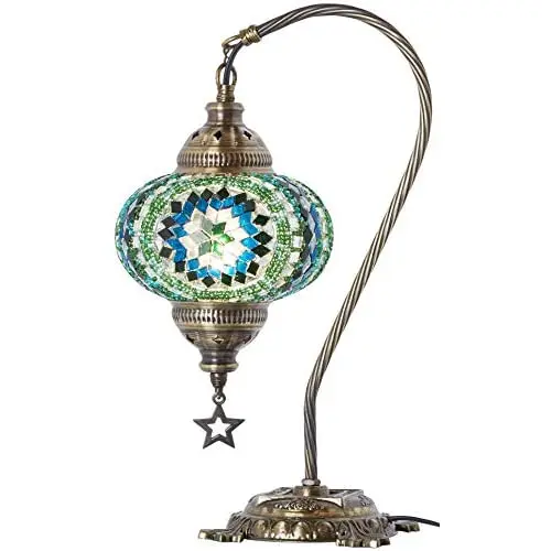 LaModaHome 2019 English Moroccan Mosaic Table Bedside Night Tiffany Bedside Lamp for US Use, Turquoise, Teal, Green