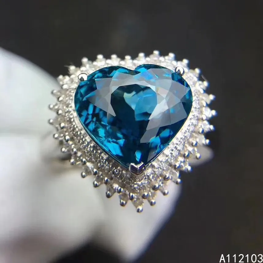 KJJEAXCMY fine jewelry 925 sterling silver inlaid natural London Blue Topaz girl elegant simple heart gem ring support check