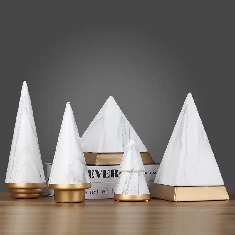 Light Luxury Ceramic Pyramid Ornaments Creative White Porcelain Marble Pyramid Crafts Living Room Home Decoration