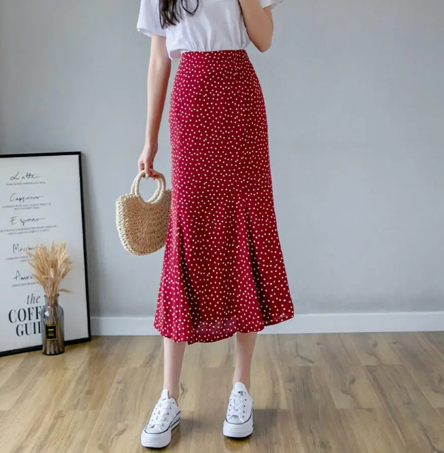 

Spring Summer Fashion Dots Print Mermaid Skirts Elegant Womens High Waist Midi-Calf Trumpet Skirt Feminino s478