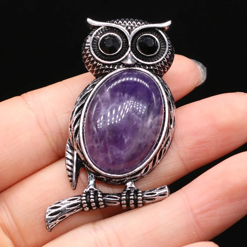 Vintage Alloy Owl Pendant Natural Stone Tiger Eye Amethysts Shell Brooches for Women Charms DIY Necklace Pins Jewelry Gift