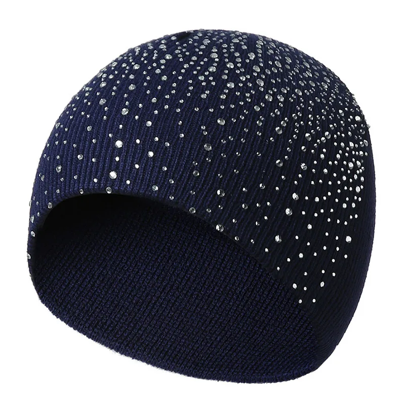 Spring  Atumn Winter Hats for Women Knitted Beanie Cap Girls Wool Brand Hat with Shining Rhinestone Female Casual Hats