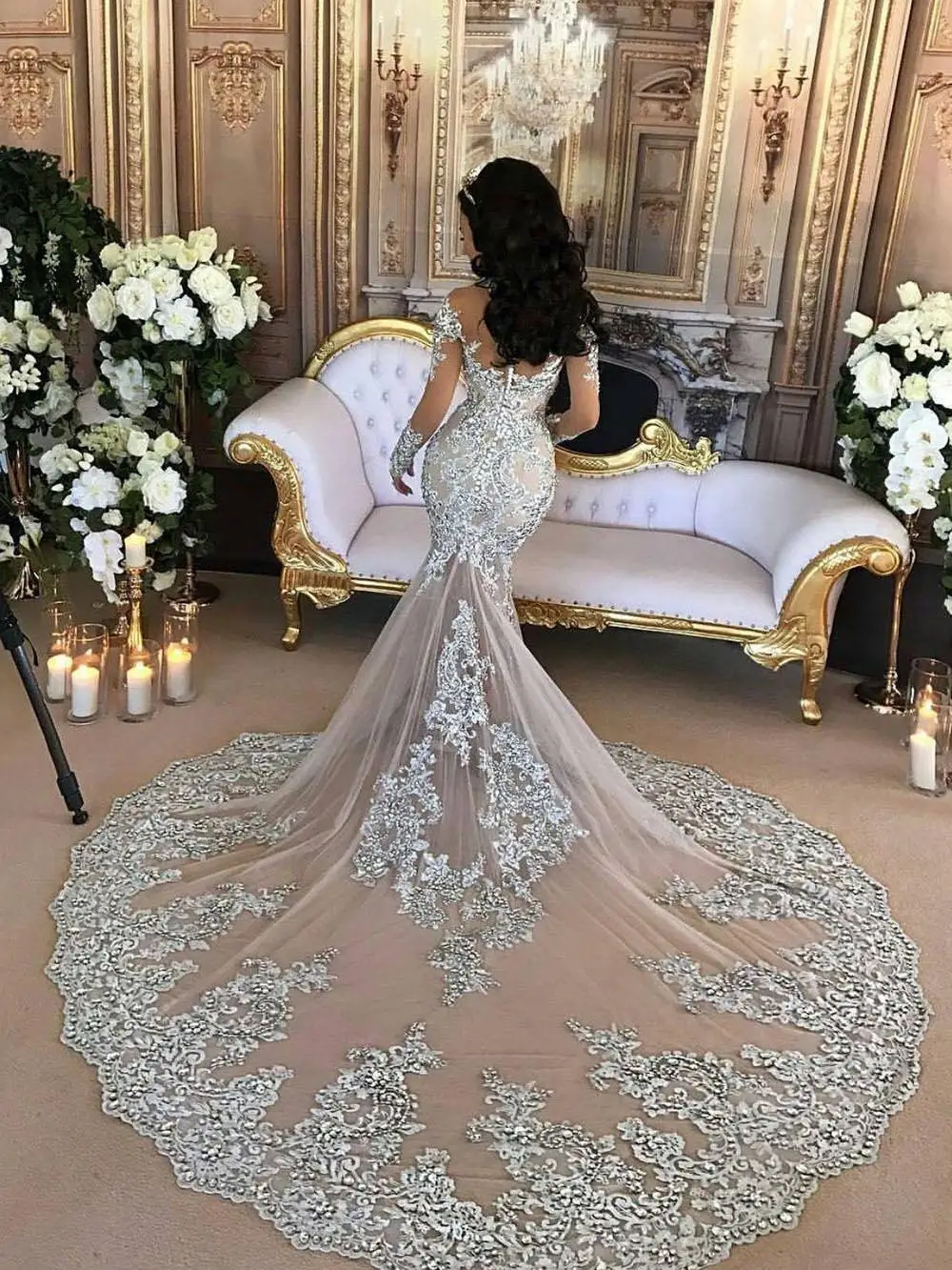 Hoge Kraag Zeemeermin Trouwjurk Boho Lange Mouwen Vloer Lengte Trompet Robe De Mariee Appliques Dubai Afrikaanse Bruidsjurken