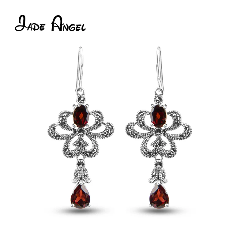 JADE ANGEL 925 Sterling Silver Earrings Red Water Drop Garnet Vintage Jewelry with Silver Flower Mosaic Earrings For Women