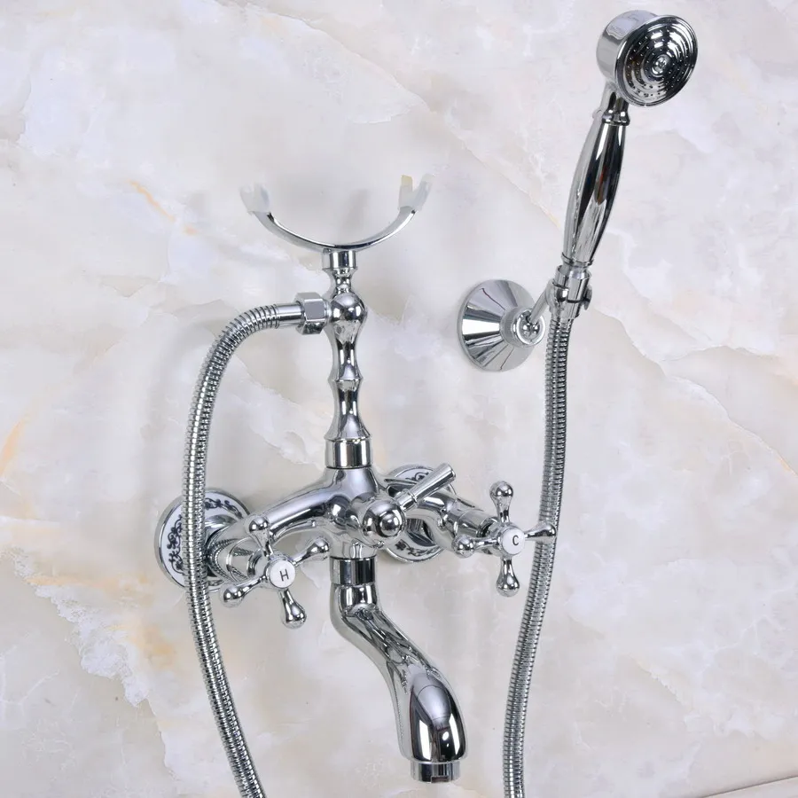 

Polished Chrome Wall Mount Telephone Euro Bath Tub Faucet Mixer Tap w/ Handheld Spray Shower zna234