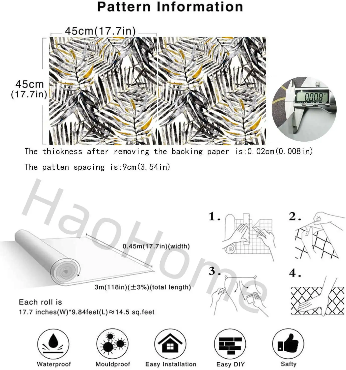 Modern Watercolor Tropical Leaves Peel and Stick Wallpaper Black Gray Yellow Self-Adhesive Prepasted Wallpaper Wall Mural