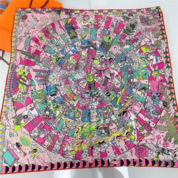 Bufanda de seda de sarga enrollada a mano para mujer, pañuelos cuadrados con estampado de Hopi, envolturas, pañuelos rizados, Hijabs, Bandana, 90x90cm