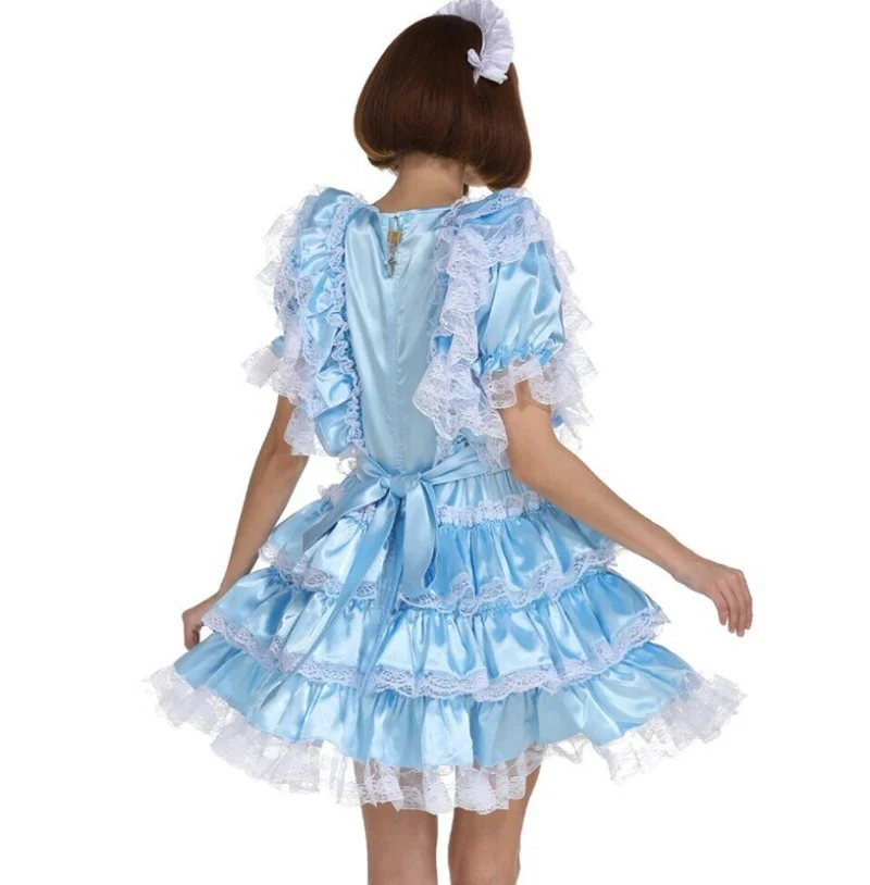 Hot selling sissy girl maid lockable baby blue satin fake mother dress role-playing dress