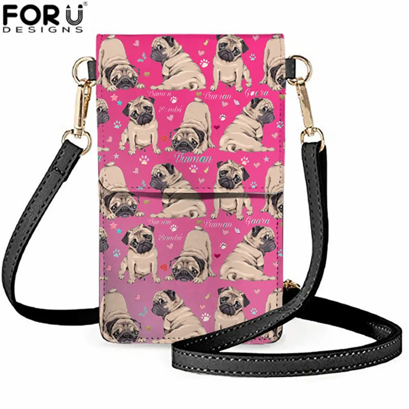 FORUDESIGNS Lovely Puppy Pug Print Phone Bag Leather Touch Screen Mobile Phone Bag for Women Mini Shoulder Bag Holders Purse