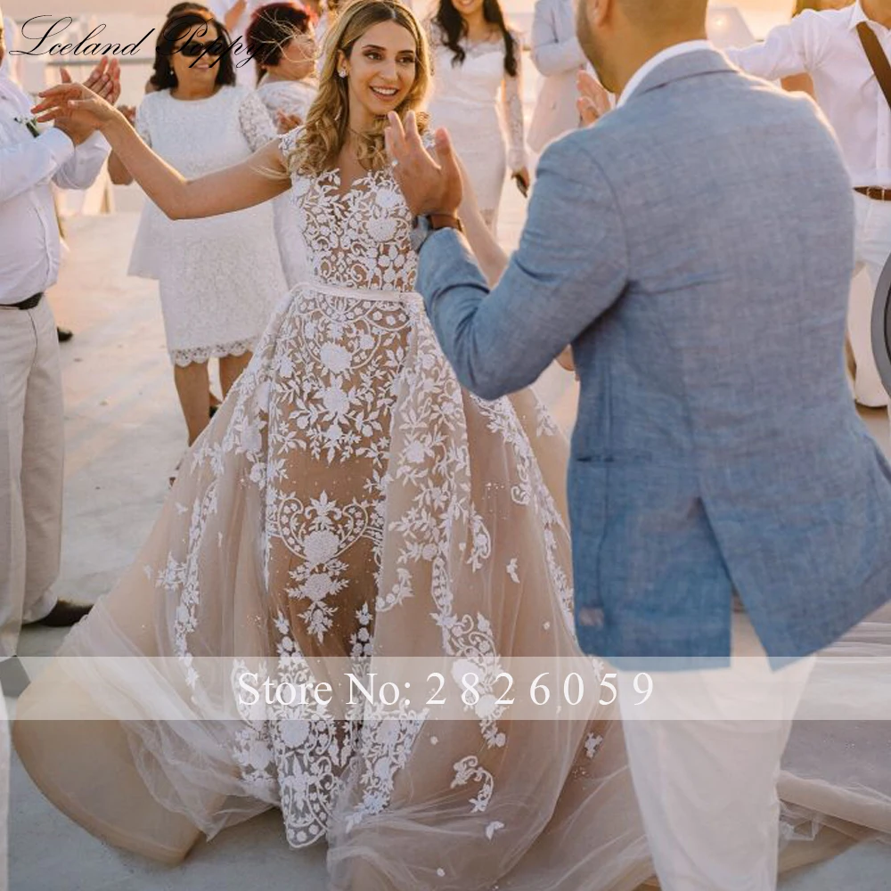 Lceland papoula personalizado 2 em 1 renda sereia vestidos de casamento até o chão tule sem mangas vestido de noiva com trem destacável