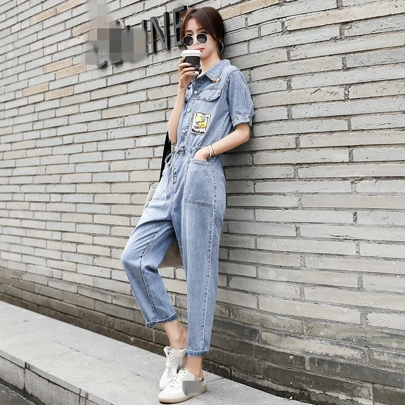 Summer Fashion Denim Cargo Jumpsuits Women Short Sleeve Loose High Waist Jeans Overalls Streetwear Vintage Casual Rompers Female