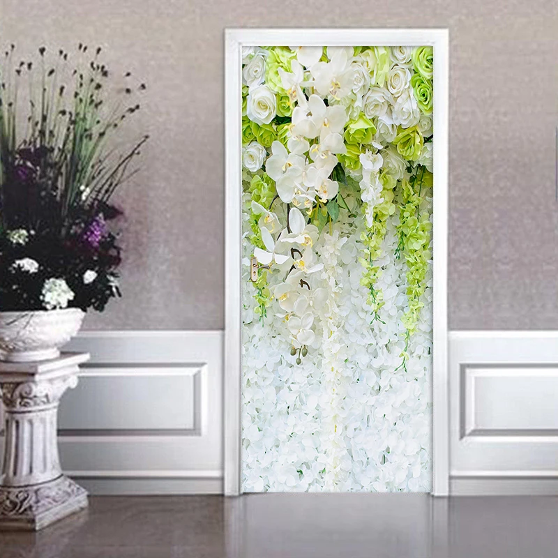 

3D White Rose Green Leaf PVC Self-adhesive Detachable Door Sticker Mural Wallpaper Decal Living Room Bedroom Door Decor Poster