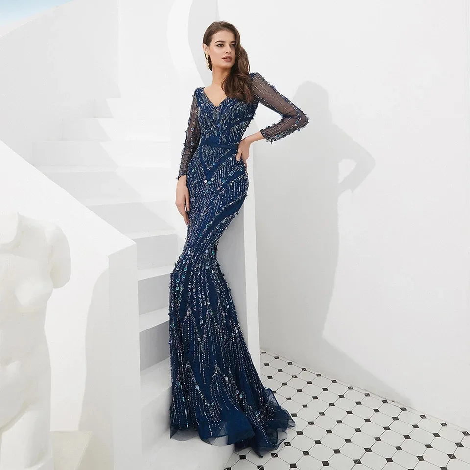 Luxury V-Neck Long Sleeves 2020 for Women Crystal Handmade Elegant Mermaid Evening Dress Long Sleeves Sexy Formal Party Gown