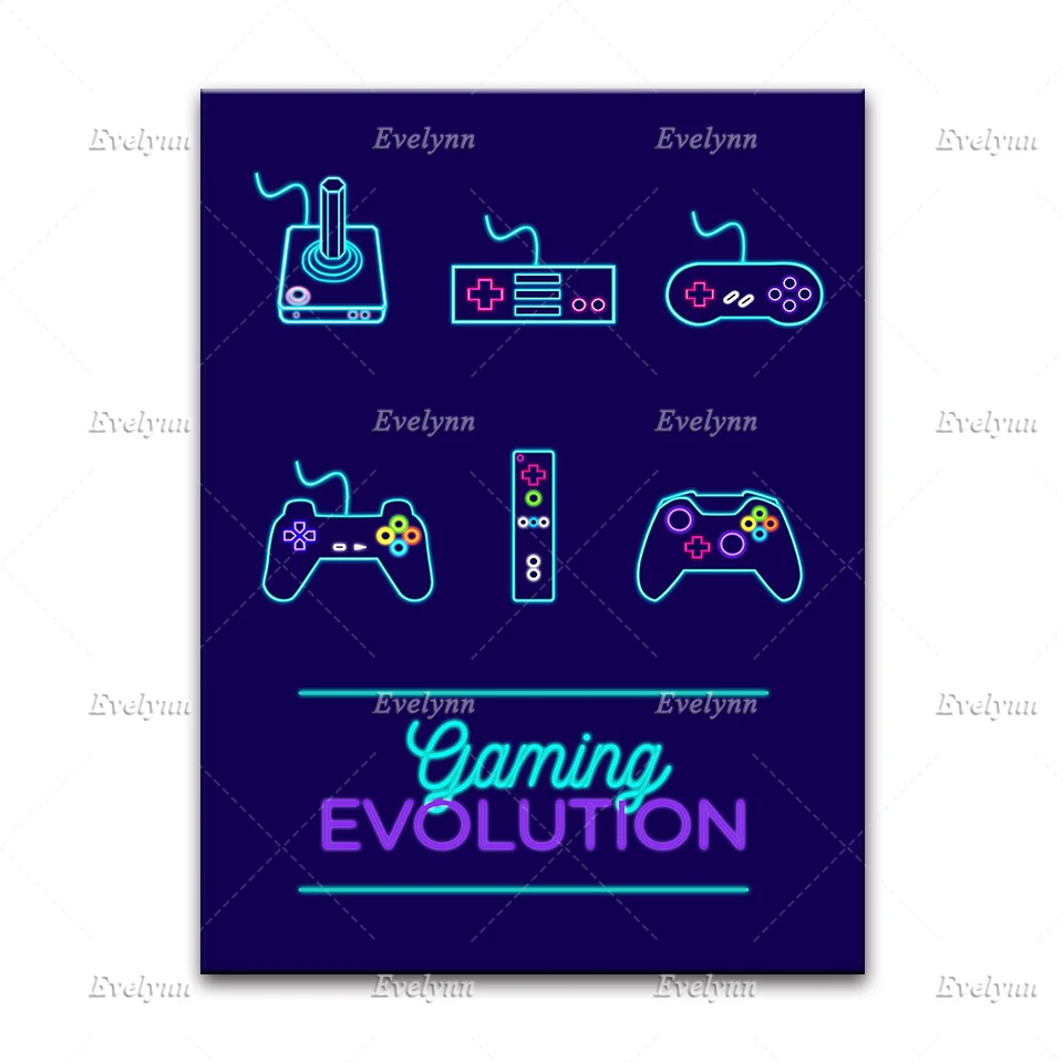 Gaming Evolution| Video Game Room Art | Neon Controller Consoles Gamer Poster Book Worm Modern Home Decor Canvas Wall Art Prints