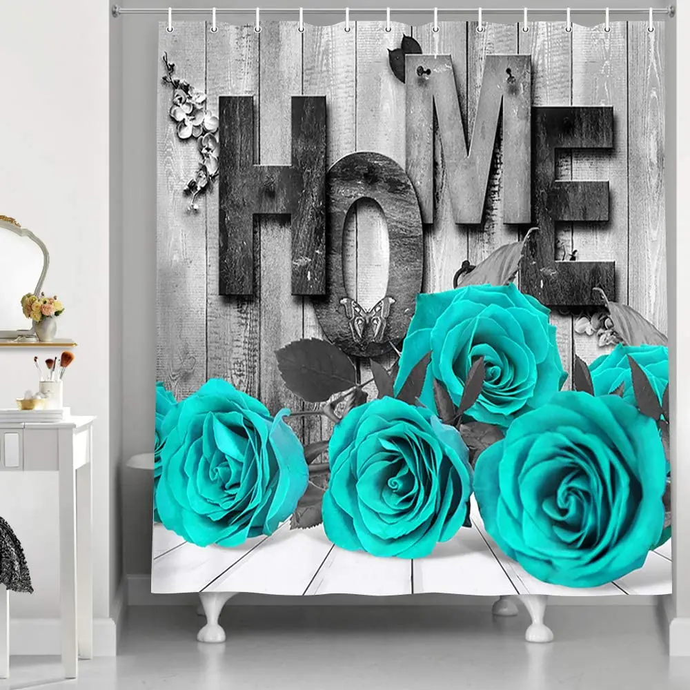 Romantic Red Rose Floral Shower Curtain Retro Wood Board Flowers Plant Leaves Butterfly Farmhouse Bathroom Decor with Hooks