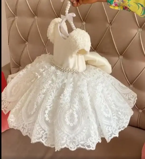 White Lace Infant Toddler First Birthday Dress New Kids Clothes tutu Pearls Applique Flower Girl Dress Baptism Christening Gown