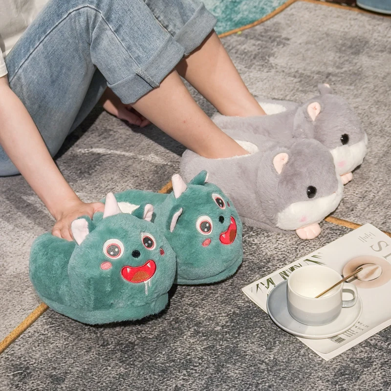 Cartoon Warm Winter Slippers Kawaii Hamster Unicorn Plush Shoes Soft Sole Flat Home Cotton Shoes Girl Women Floor Mute Non-slip