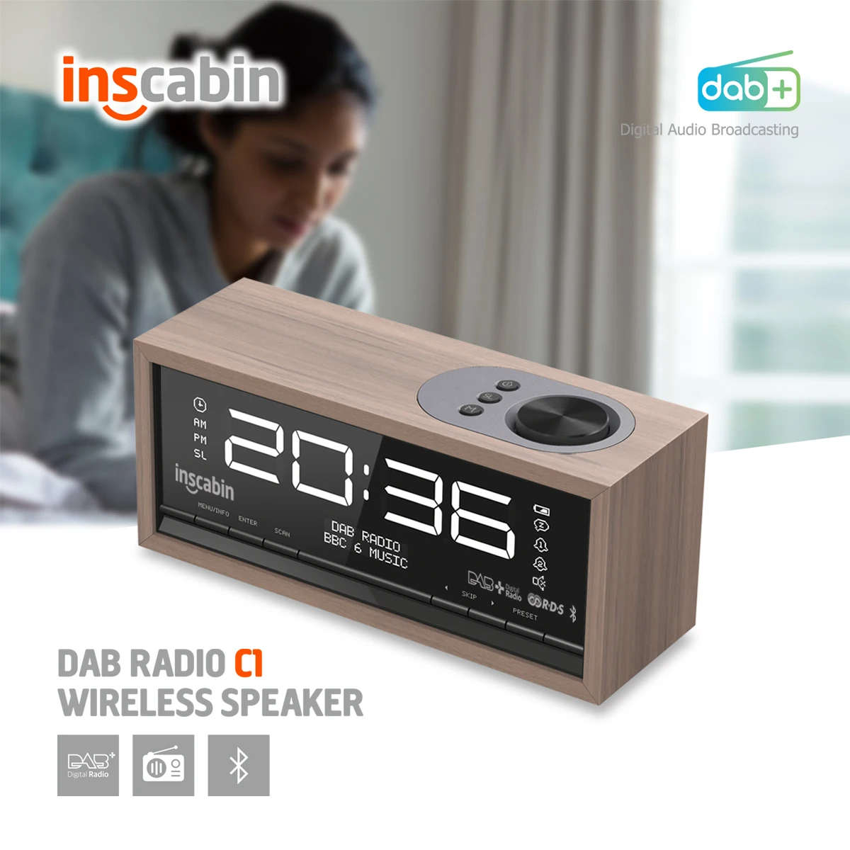 Inscabin C1 DAB/DAB+ FM Digital Radio Alarm Clock with Large Screen/Bluetooth/Sound,Beautiful design for Bedroom Kitchen Office