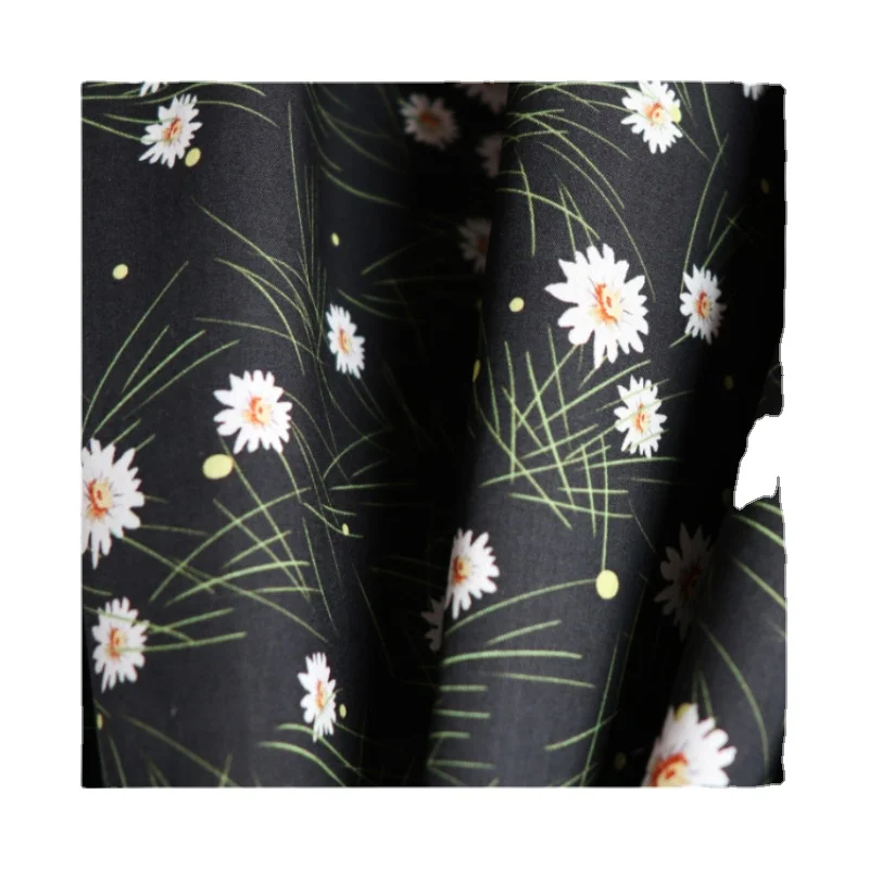 

Width 57" High-Density Black Daisy Floral Printed Cotton Fabric By The Half Yard For Dress Shirt Children's Wear Material