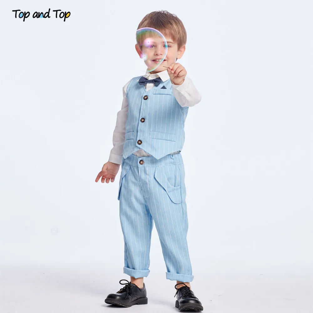 Top and top – Costume pour bébé garçon, ensemble chemise blanche avec noeud papillon, gilet à rayures, pantalon 3 pièces, printemps et automne