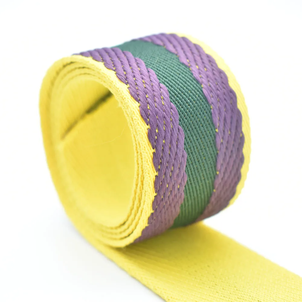 

1.5 inch Webbing Yellow Green&Purple Striped Webbing 38mm width Cotton Webbing Ribbon Trim Knit Tape Dog Collar Webbing for Bag