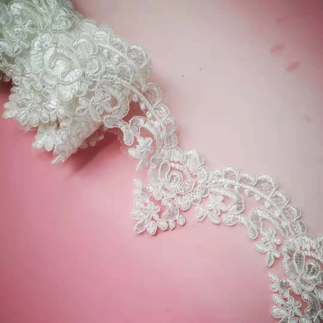 9Yards 8cm Wide Pure White Ivory Edge Polyester Embroidery Lace Trim for Bridal Wedding Gown Costume Design Lace Ribbon