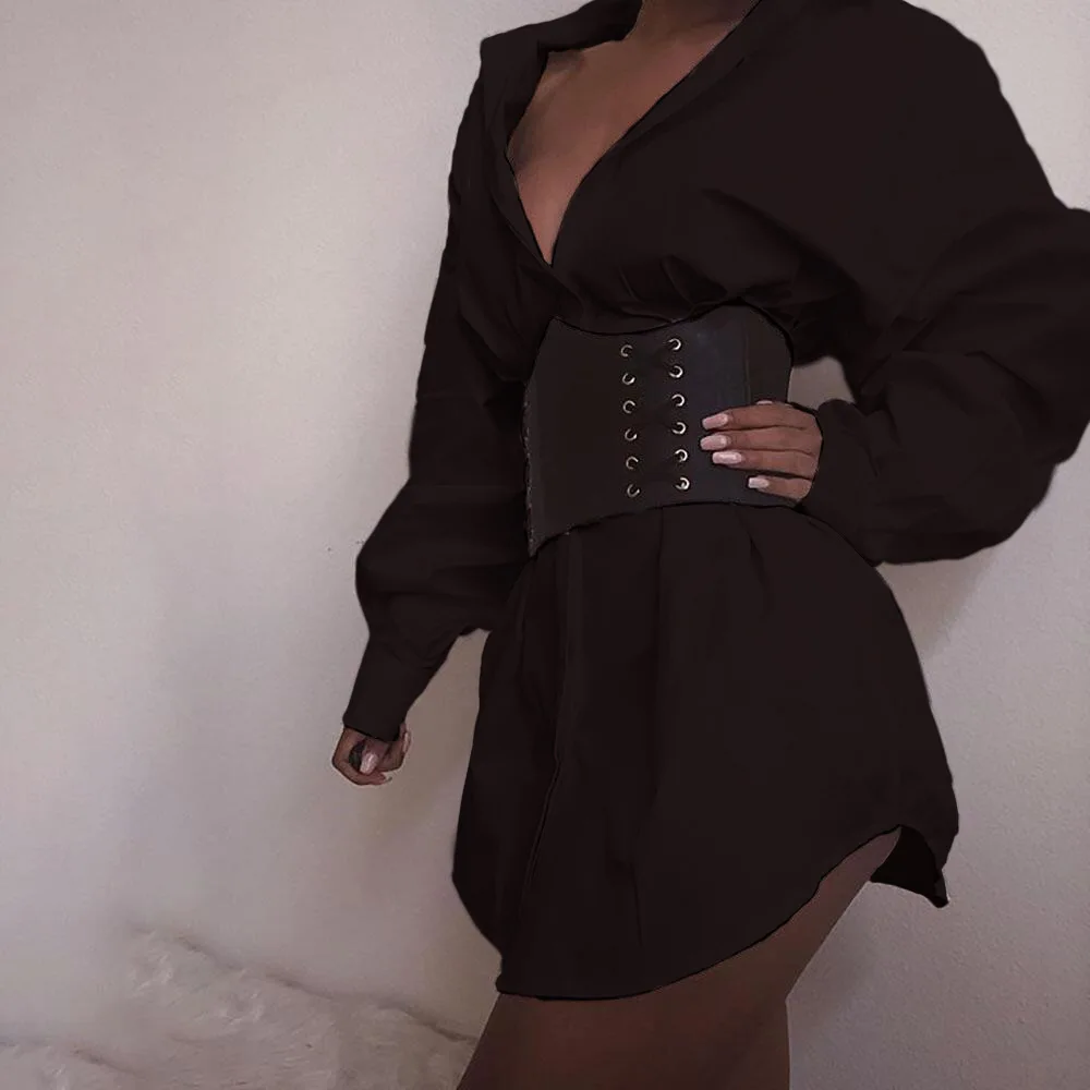 Stale\'s new cross-border ebay independent station solid color dark v pleated waist sexy shirt dress