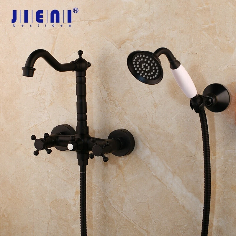 

JIENI Black ORB Wall Mounted Bathroom Basin Sink Faucets Bathtub Shower Faucet Set Dual Handles Holes Mixer Tap Shower Set