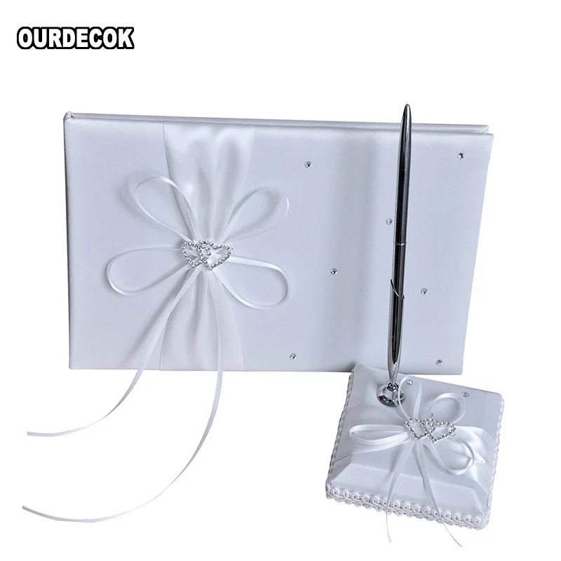 2Pcs/set Wedding Satin Signature Book Pen Set Rhinestone Bowknot Pearl decor Wedding Party Products Supply