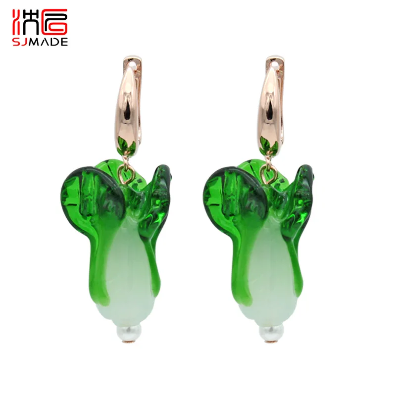 SHENJIANG New Green Coloured Glaze Chinese Cabbage Vegetables Shape Dangle Earrings For Lady Hipster Unique Personality Jewelry