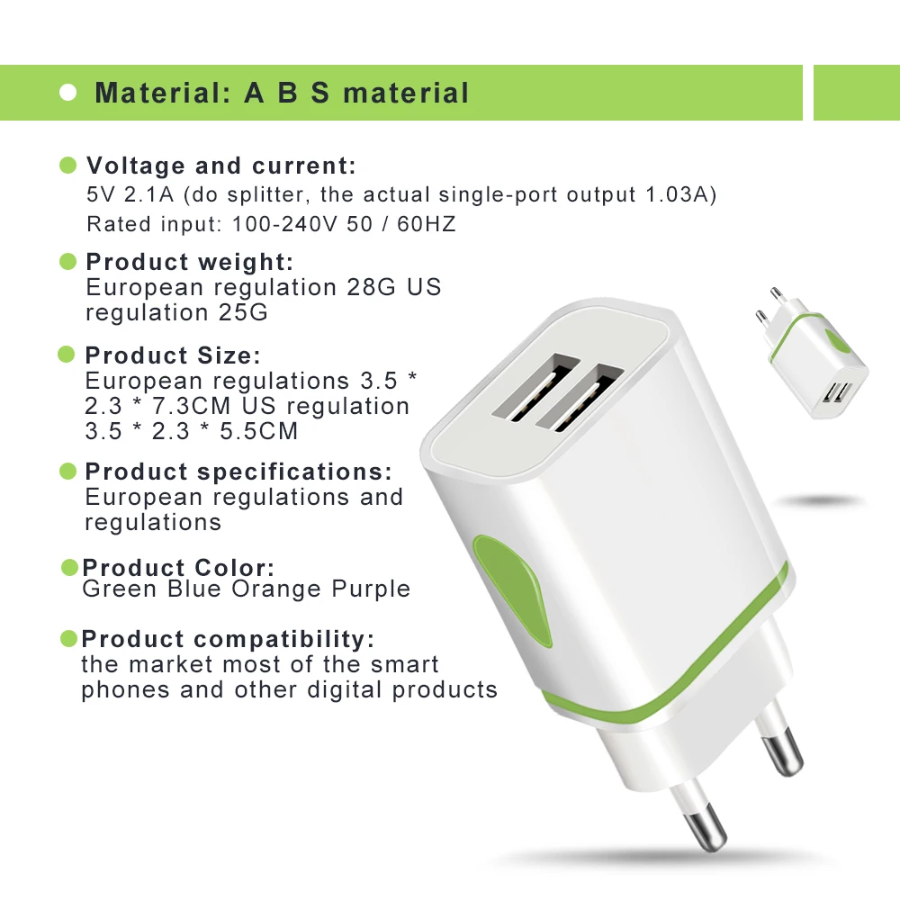 Cargador de pared USB Universal de 5V, puerto Dual, salida de 2A, adaptador de corriente de enchufe de viaje, Compatible con carga de teléfono, 2A, enchufe de EE. UU. Y UE