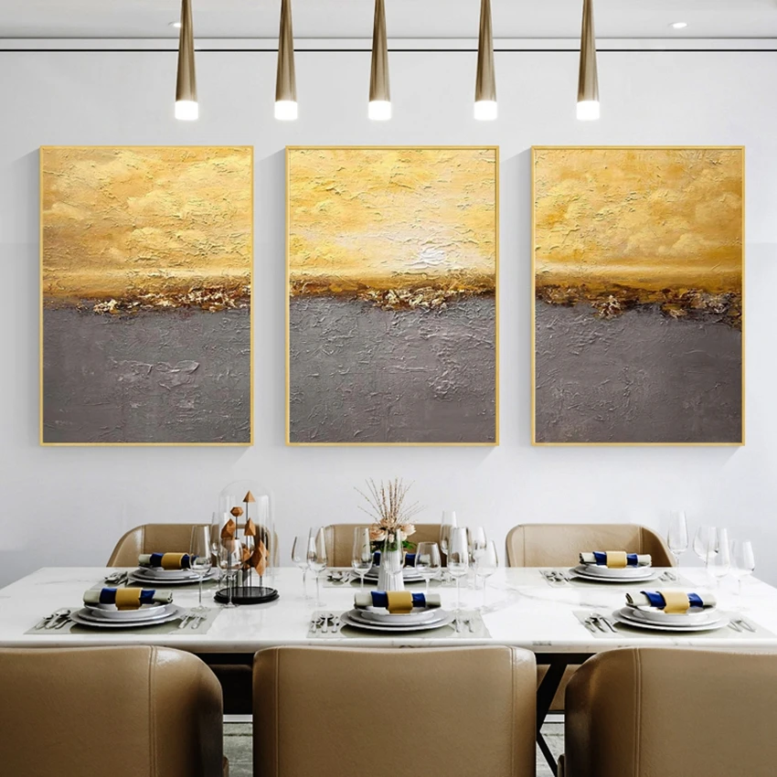 Gray and Gloden 3PCS 1 Set Oil Painting Art, 100% Hand Painted, Abstract Newest Unframed Wall Canvas Art, For Modern Home Art