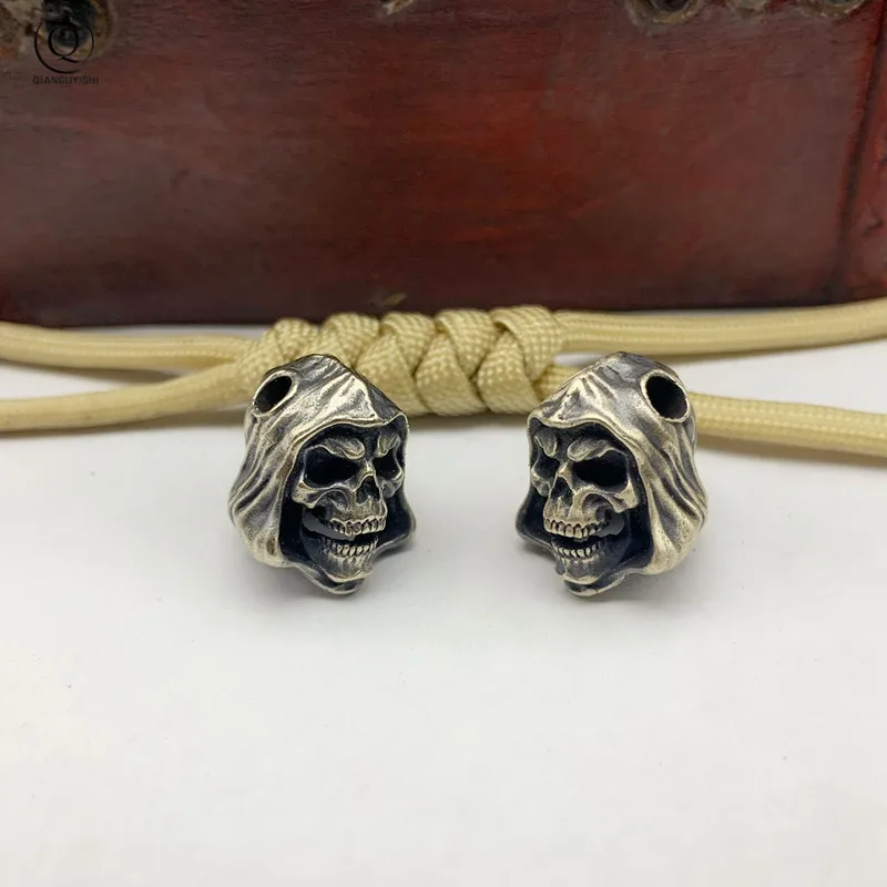 Brass Grim Reaper Skull Handmade Knife Lanyard Bead Pendant Umbrella Rope Hanging Jewelry Outdoor EDC Tool DIY Keyring Accessory