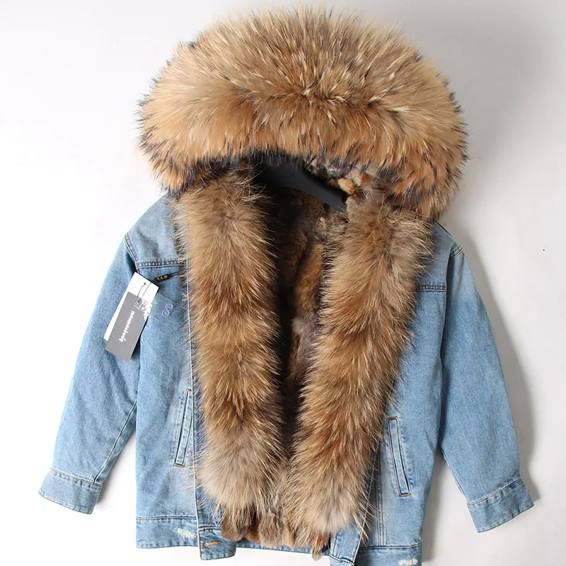 

Maomaokong Cowboy Winter Jacket Women Denim Parkas Real Fur Coat Natural Raccoon Fur Hood Rabbit Fur Liner Luxury Streetwea