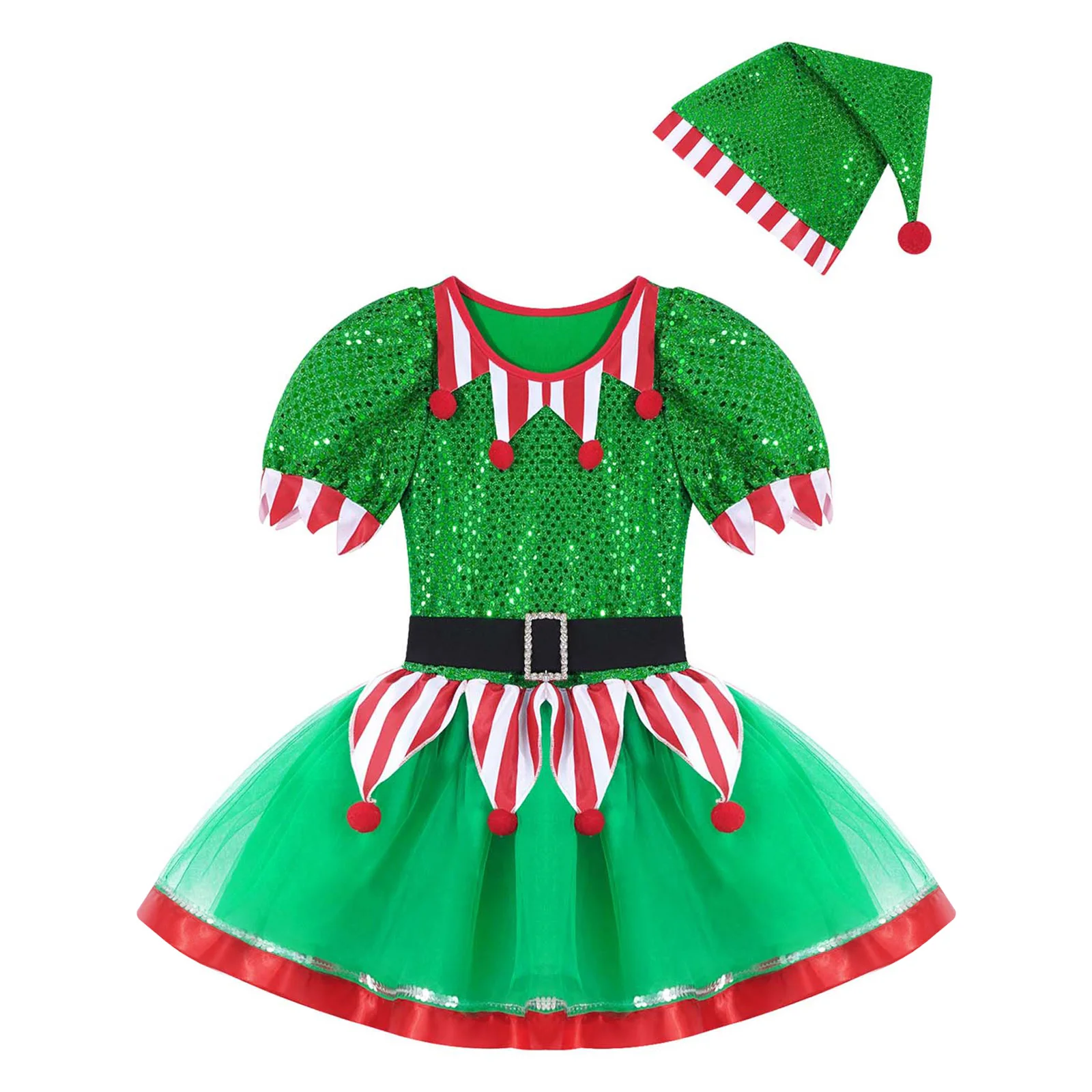 Kids Girls Christmas Elf Costume Xmas Dance Dress Sequins Pompoms Mesh Tutu with Hat for New Year Carnival Dress Up Theme Party