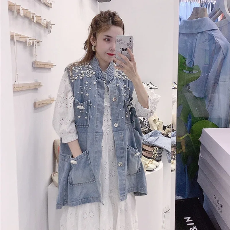 Summer Women Harajuku Covered Button Loose Pocket Pearl Beaded Denim Vest Female Sleeveless Jeans Tops Casual Casaco Feminino