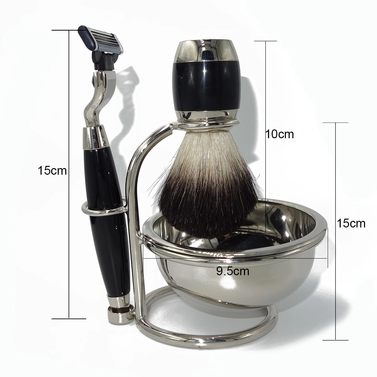 Natural Badger Brush on Black Resin Acrylic Handles with Mach 3 Safety Razor and Soap Cream Mug