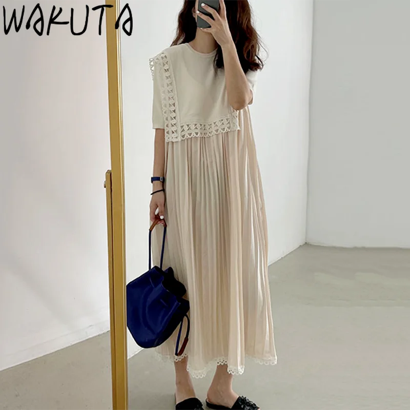 WAKUTA French New Women Vintage Loose Long Dress 2024 Summer Hollow Out Pleated Dresdes Fashion Korean Womens Clothes Elegant