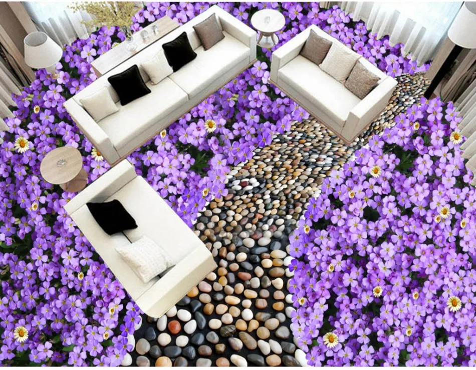 

Cute flower cobblestone road 3D floor Living Room Bedroom Bathroom 3D Floor Murals PVC Self-adhesive Waterproof Wallpaper Roll