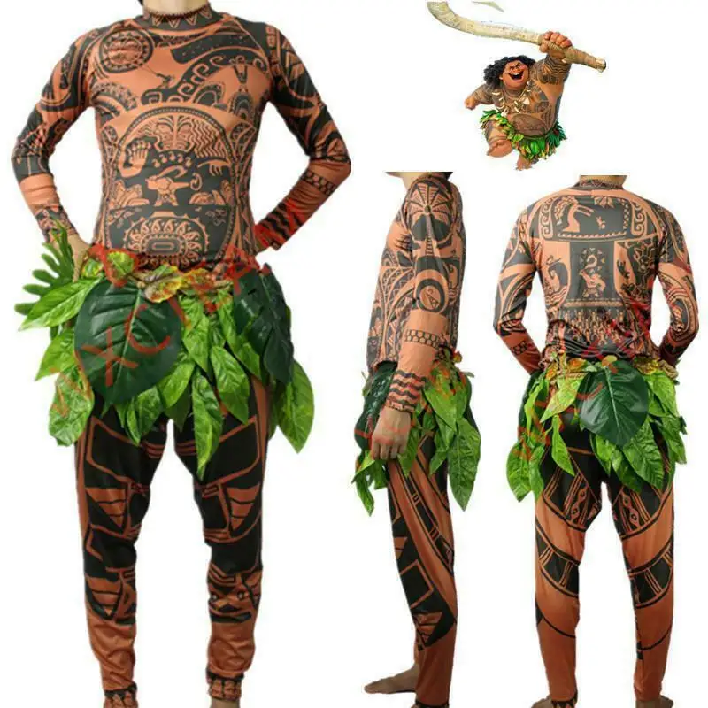 Camiseta y pantalones de tatuaje de Moana Maui para adultos, Disfraces de Halloween para hombres y mujeres, decoración de hojas, Cosplay de Halloween