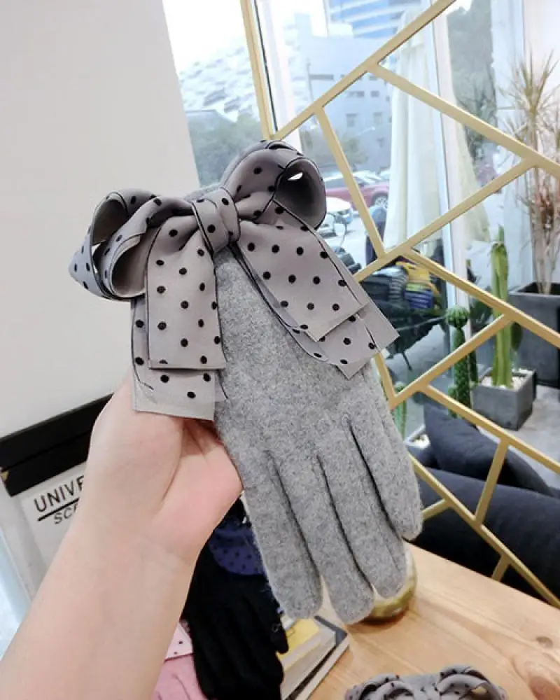 Japanese Wave Point Tassel Bow Winter Warmth Thick Five-Finger Wool Gloves Female Cycling Touch Screen Versatile Gloves