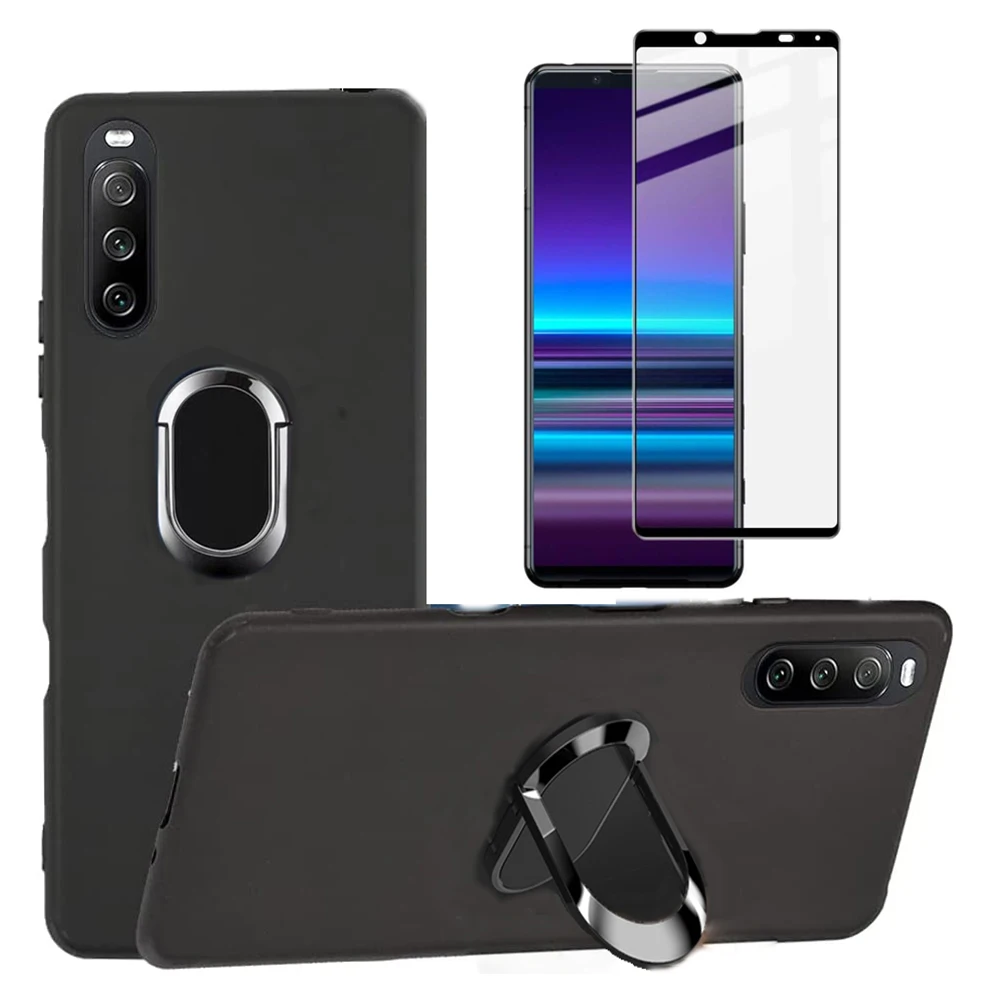 Ring Holder Soft TPU Matter Case With Full Coverage Tempered Glass Screen Protector On For Sony Xperia 1 5 10 II III IV V Pro-I