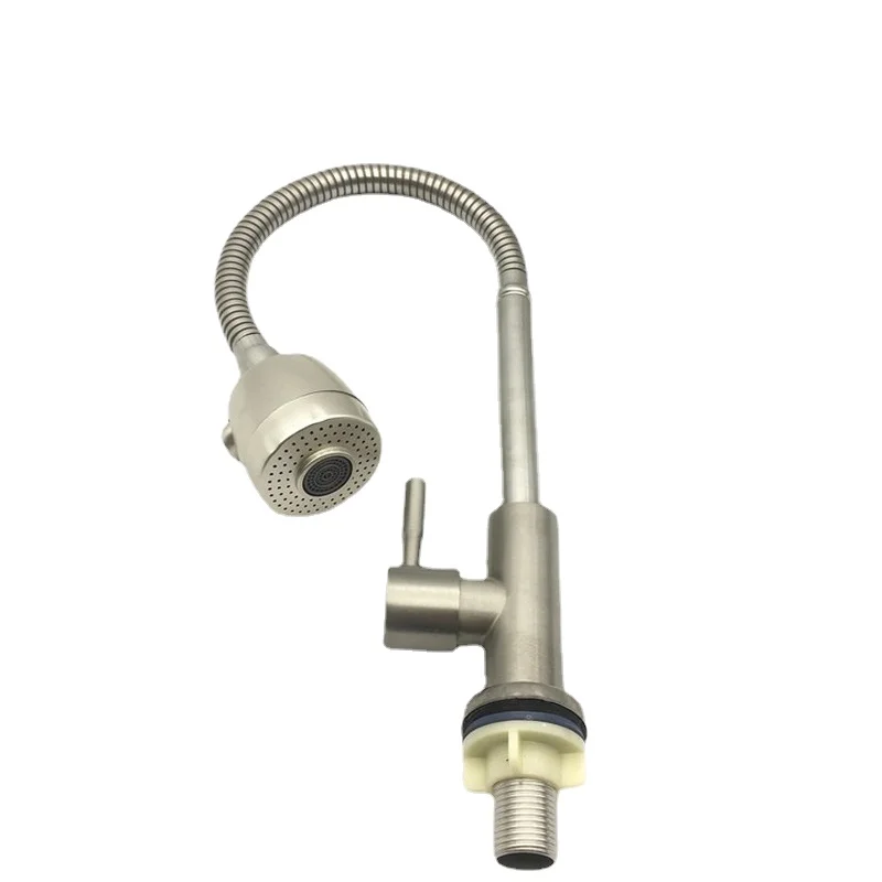 Brushed Stainless Steel Universal Adjustable Single Cold Faucet 360 Rotating Kitchen Sink Splash-proof Round Vertical