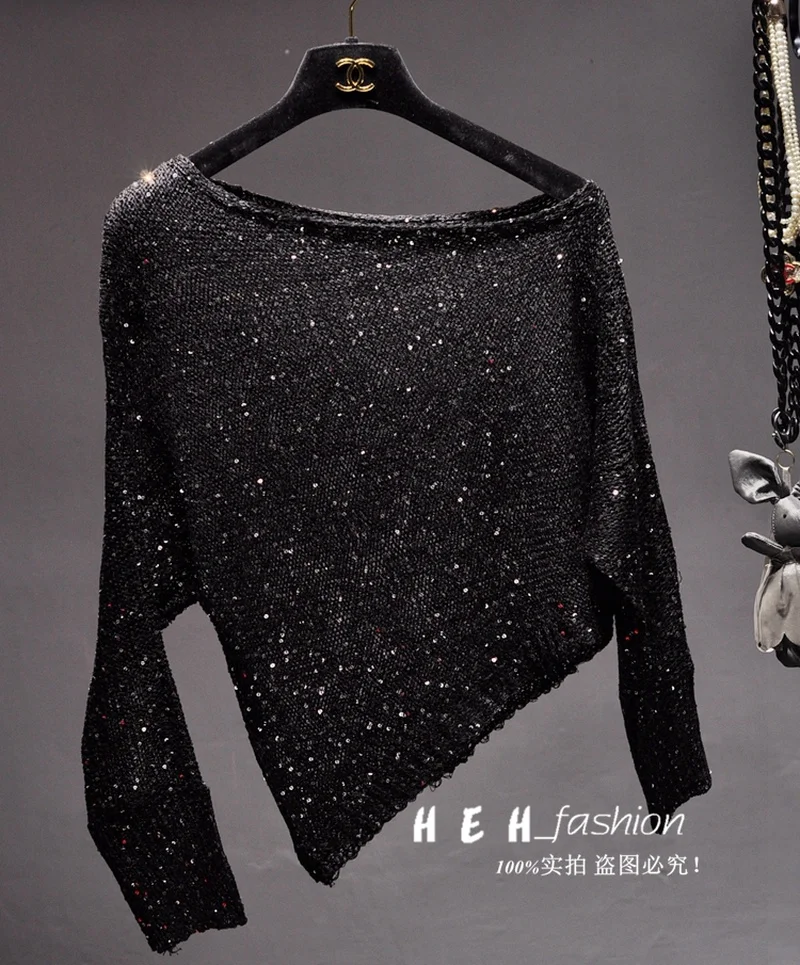 Irregular Sloping Shoulder Hollow-out The Knitting Coat Fall Clothes for Women 2021 Fashion Sexy Aesthetic Sweater Sequined