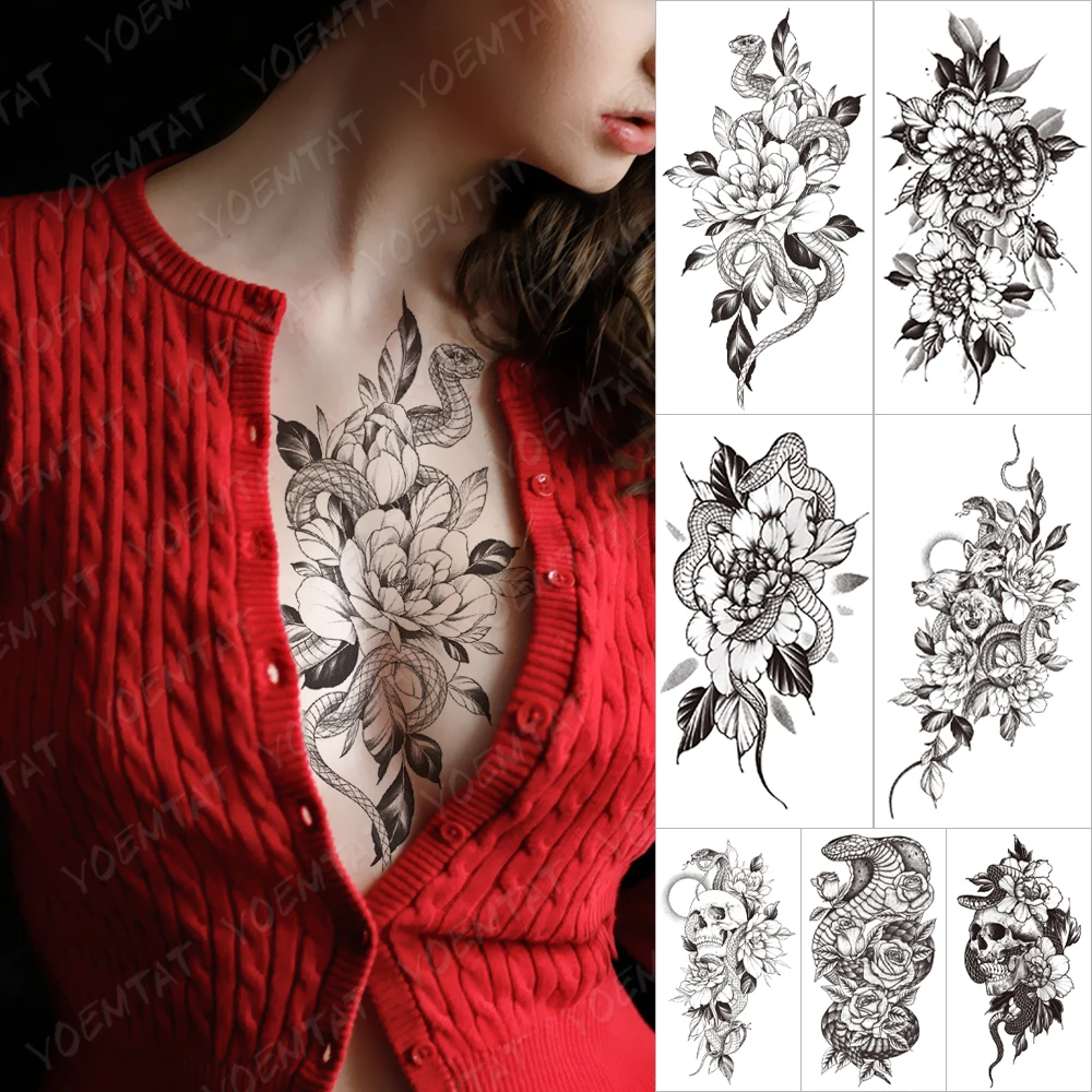 

Waterproof Temporary Sleeve Arm tatooo Sticker Simplicity Snake Lily Chrysanthemum Flower tattoos Body Art Fake tatoo Male Women