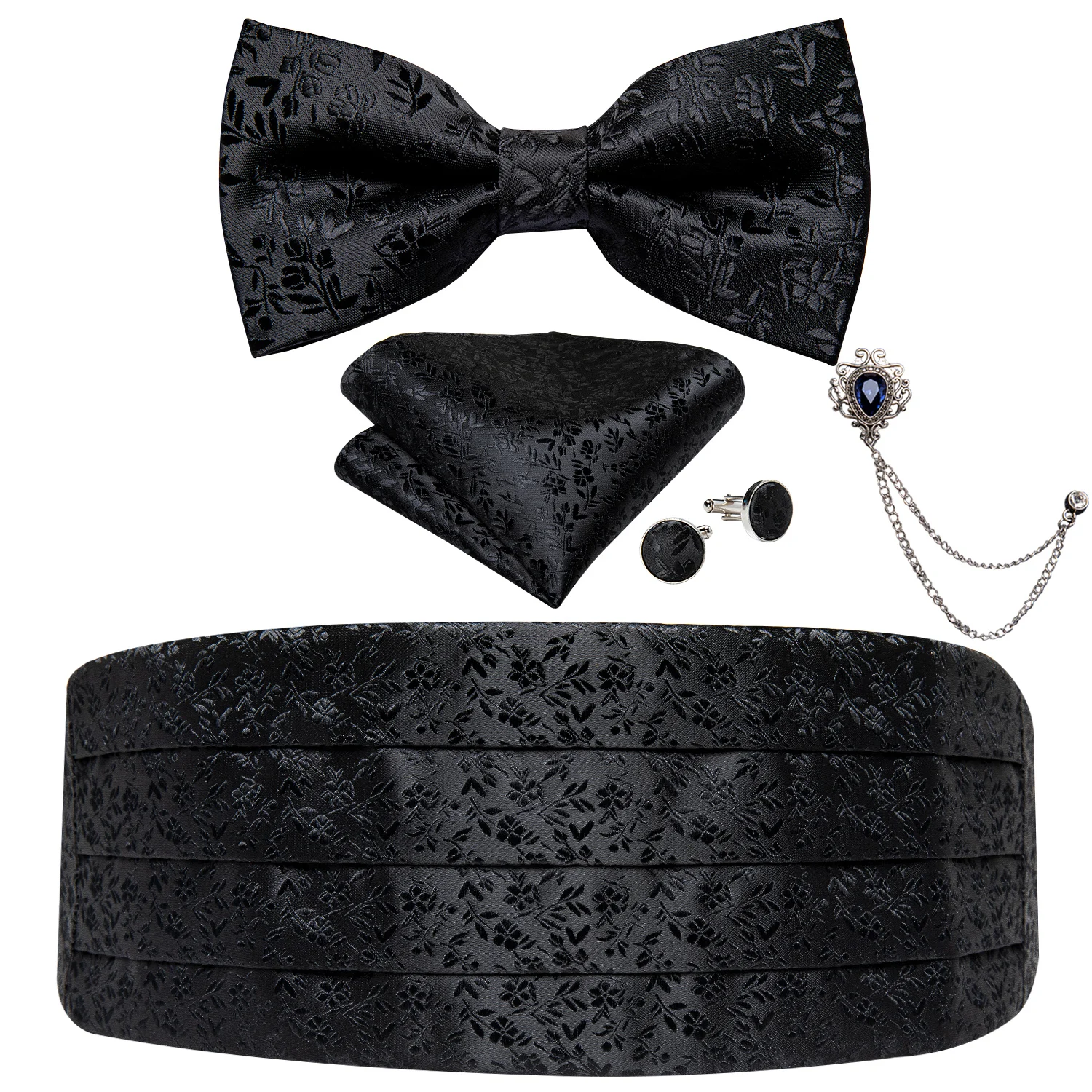 Männer Smoking Cummerbund Schwarz Silk floral Fliege Handerchif Brosche Kette Set Hochzeit Party Cummerbunds Taille Band DiBanGu