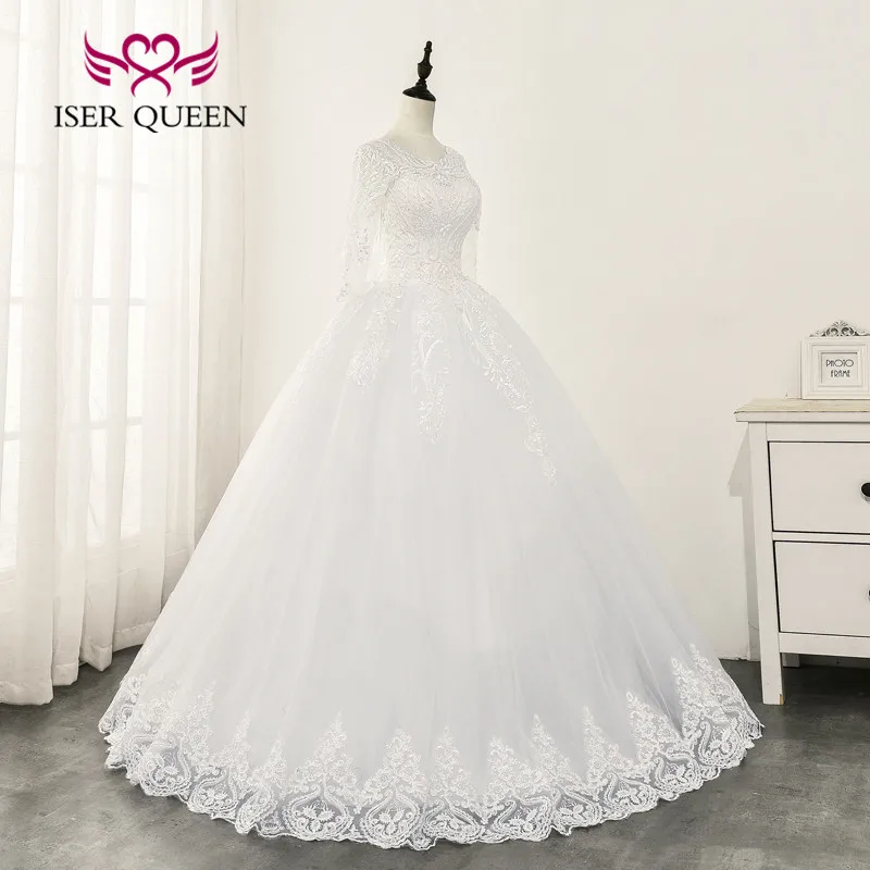 ที่กําหนดเอง 3/4 แขนลูกไม้ที่สวยงาม Appliques ชุดแต่งงานภาพลวงตากลับเรือคอบอลชุดแต่งงานชุด WX0162