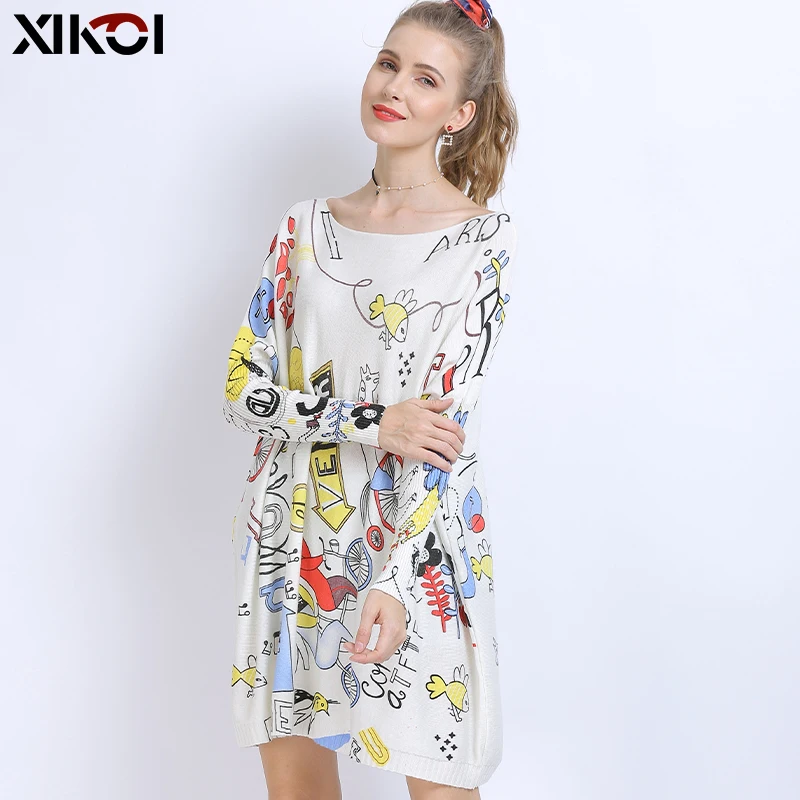 XIKOI Winter Oversized Sweaters For Women Warm Long Pullover Dresses Fashion Creativity Print Jumper Knitted Sweaters Pull Femme