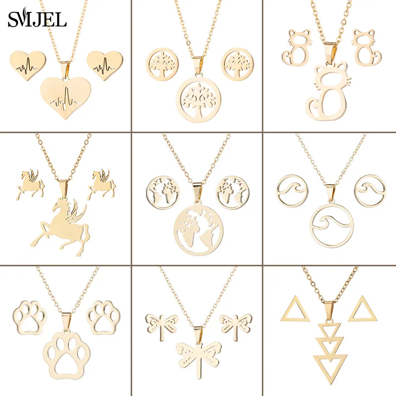 Stainless Steel Heart Necklace Earrings for Women Gold Color Jewelry Sets Wedding Triangle Map Unicorn Life Tree Earring Studs