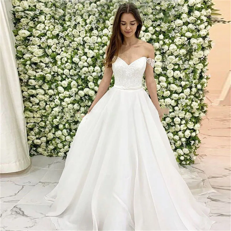 MYYBLE 2023 Amazing Off Shoulder A-Line Wedding Dresses Fashion Beach Lace Top Zipper Back Bridal Gowns Spring For Women